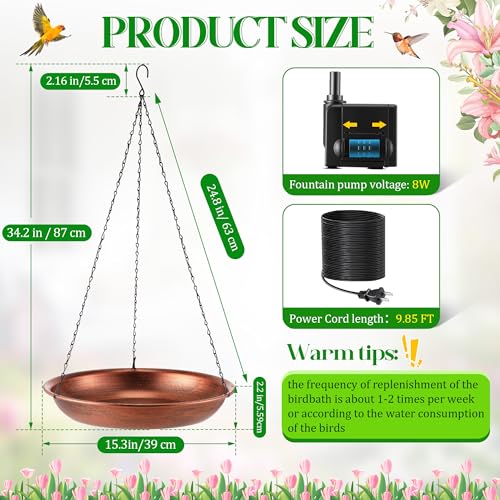 Bird Bath Fountain for Outside, Metal BirdBath Bowl with 8W Pump (Hanging | 24.8 Extra Large Hanging, Copper Metal Bird Bath Bowl with Adjustable 3 Water Flow Modes and 2 Spray Nozzles, Birdbath Feeder - style: Hanging