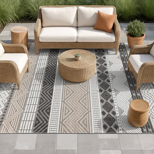 Rugshop Marbella Indoor/Outdoor Boho Patio Deck Area Rug Gray 6'6" x 9' | Rectangular, Size 6'6" x 9', Porch, Balcony, Backyard, Garden, Poolside, Sunroom, Outdoor Living, Weatherproof, All Weather - color: Grey, size: 6'6" x 9' (Rectangular)