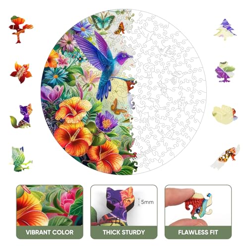 Ruikiyart Hummingbird Puzzle, 5MM 200 Pieces Birds Wood Jigsaw Puzzles, Wall Decor, Unique Shaped Round Brain Teaser Puzzles Birthday Gifts (11.2"*11.2") - color: Colorful Hummingbirds, size: 200 Pieces