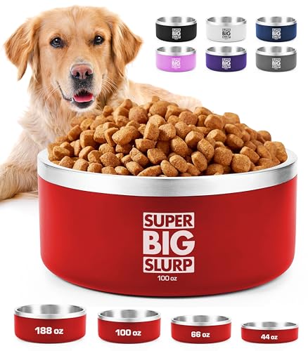 Tuff Pupper 100 oz Heavy Duty Insulated Stainless Steel Dog Bowl for Large Dogs, Non-Slip Base, Dishwasher Safe - color: Crimson Red, size: 100oz