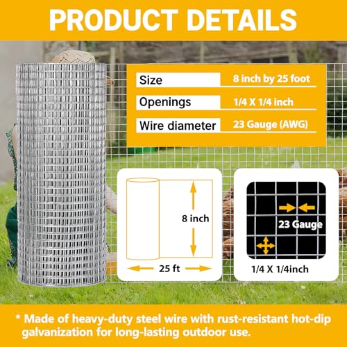 8in x 25ft Hardware Cloth Chicken Wire - 1/4 Inch 23 Gauge Hot Dipped Galvanized After Welding Welded Wire Mesh, Rust-Proof Fencing for Gardens, Chicken Coops & Poultry Netting - size: Silver-1/4inch 8inch×25ft
