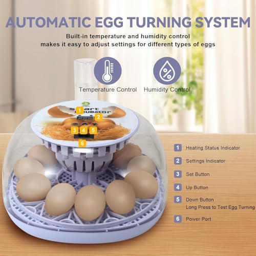 Gen I - 12 Egg Automatic Incubator, Steady Humidity with Auto-Refill, Stable Temp Control, Auto Egg Turning, Candler, Real-Time Display for Hatching Chicken, Goose, Duck, Quail, Pigeon, and Turkey - size: 12 egg-white
