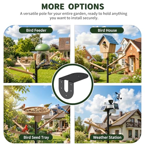 LONA 105 Inch Bird Feeder Pole for Outdoor, Squirrel Proof, 5-Prong Base | Adjustable 0.9” Dia Bird House with Mount Kit,Heavy Duty Stand with 6 wooden Hooks, Suit for Various Feeders, Black, 1 Pack
