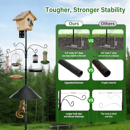 99 Inch Bird Feeder Pole with Squirrel Baffle, 360° Rotating Heavy Duty Bird House Pole for Outdoors Garden Yard, Adjustable Height Bird Feeder Stand with Shepherds Hooks Metal Trays