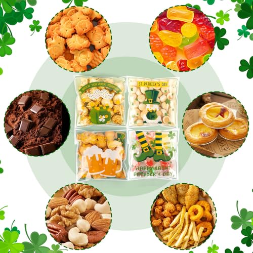 100 PCS Clear St Patricks Ziplock Bags, Plastic St Patricks Treat Gift Candy Goodie Snack Cookie Bags Party Favors Supplies for Gifts Giving Shamrock Bags Holiday Candy Bags Wrap - color: 100pcs St Patrick's bags
