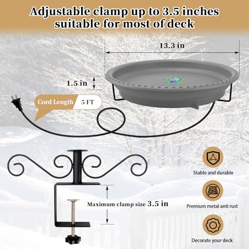 Lovppy Heated Bird Bath for Deck Railing, 100W Thermostatically Controlled Heated Bird Baths for Outdoors Bird Bath Heater, Heated Bird Bath for Outside Winter Garden Patio Yard(Gray) - color: Gray