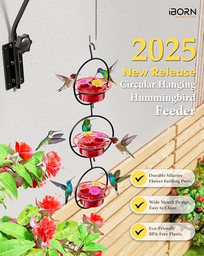 iBorn Circular Hanging Hummingbird feeders for Outdoors 3PCS 3OZ Mini Hummingbird Feeder Humming Bird Feeder, Silicone Feeding Ports, Bee-Proof, New