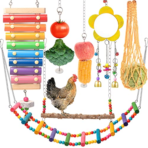 Chicken Toys for Coop 7PCS, KAKUNM Chicken Xylophone, Swing Set, Mirror Toy, Flexible Ladder, Vegetable String Bag and Hanging Feeder - color: 7PCS