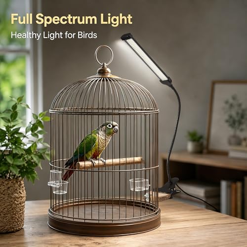 Bird Cage Light Full Spectrum LED with Remote Control, 10 Brightness Levels 3/9/12H Timer Flexible Gooseneck Lamp for Parrot Pet Birds Indoor Cages