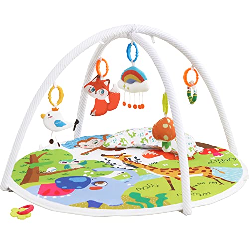 Baby Play Gym, ibabejoy Activity Play Mat for Newborn to Toddler, Stage-Based Sensory & Motor Skills Development, 7in 1 Non Slip Language Discovery Platmats with Teether