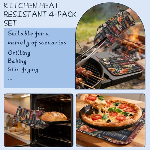 Retro Books Pot Holders and Oven Mitts,Vintage Flowers Oven Mitts Heat Resistant Cotton Lining Anti-Slip Silicone Kitchen Mitts Set Hot Pads for Microwaves Cooking Baking Grilling - color: Retro Books