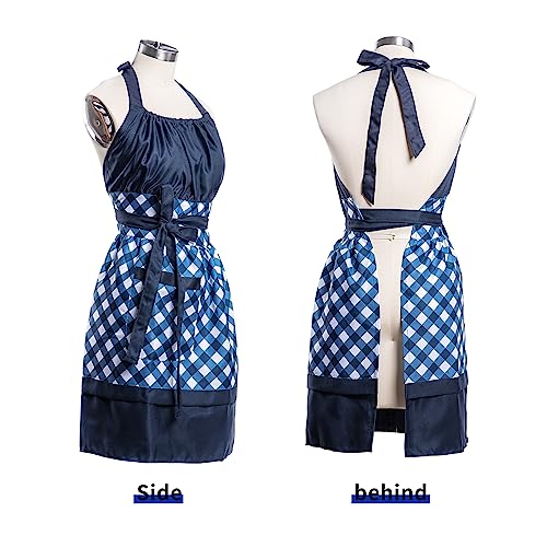 Lovely Flower Pattern Retro Aprons With Large Pockets for Women Girls Cooking Kitchen Bakery Mother's Gift - color: Blue Plaid