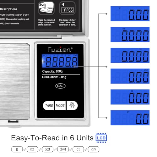 Fuzion Digital Pocket Gram Scale 0.01g x 200g - Jewelry Scale Portable | Easy of Use, Tare Function, 6 Modes Ounces Grains, Batteries Included, Mini Scale for Jewelry, Coins, Herb, Small Food - color: Silver