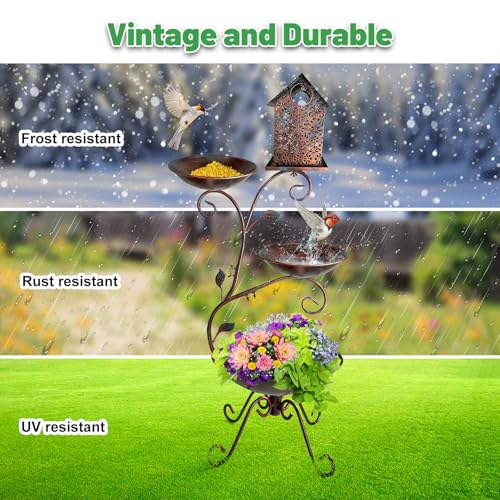 Bird Bath for Outside, 37" Antique Brass Metal Bird Bath Outdoors with Solar Lights, 4-in-1 Rust-Resistant Bird Feeder and House Combo, Detachable Flower Pots for Garden Yard Patio Decor - color: Brown S Shape-with Solar Light
