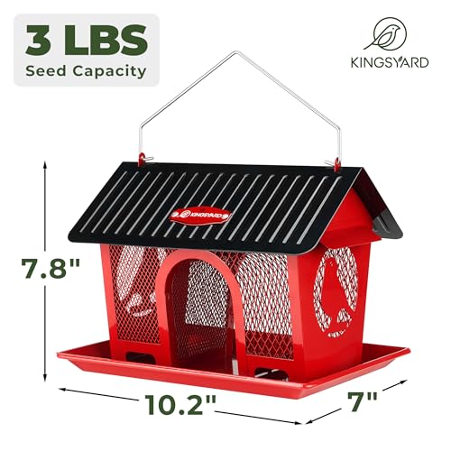 Kingsyard Wild Bird Feeder for Outdoors Hanging, All Metal | Dual-Use Mesh with 360° Feeding, Weatherproof Roof, 3 lb Seed Capacity, Garden Decor & Birding Gift, Red - color: Red