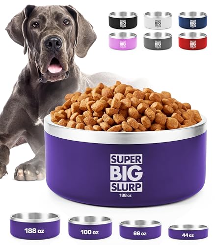 Tuff Pupper Heavy Duty Insulated Dog Bowl | Double Wall Stainless Steel Dog Food Dish | Non-Slip Spill Proof Dishwasher Safe Cat Bowl | Water Dish for Feeding Large Medium Small Pets (188oz, Purple) - color: Royal Purple, size: 188oz