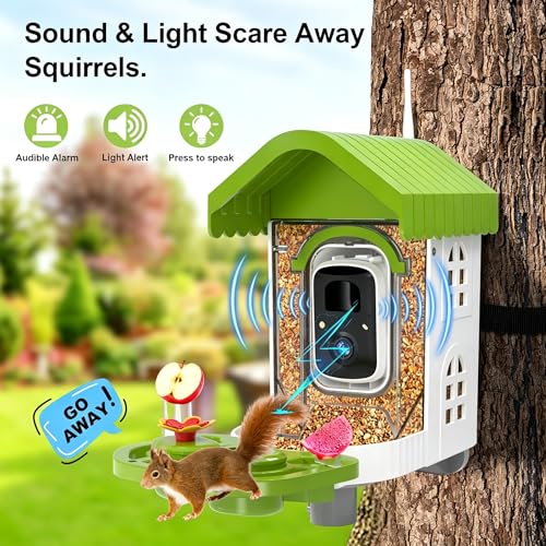 Smart Bird Feeder with Camera Solar Powered, AI Species Identification, 2K HD Video, Instant Arrival Alerts, Weatherproof Design for Outdoor, Best Gift for Bird Lovers(Green) - color: Green