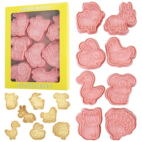 Barnyard Animal Cookie Cutters 8Pcs Rabbit Dog Cat Biscuit Molds for Baking | 3D Embossing Turkey Duck Cute Cookie Stamps for Farm Animal Themed Party Homemade Snack Making - color: Farm B