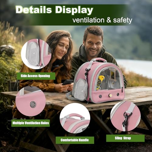 Portable Parrot Travel Cage Carrier with Small Swing Toy&Cage Colorful Toys Set Small Bird Parakeet Bag with Standing Perch Bird Carry Transport Bag (Pink, Carrier/Mirror) - color: Pink, size: Carrier/mirror