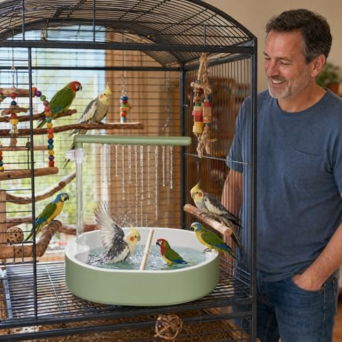 Bird Shower Bath with Waterproof Mat 41×29.5", Adjustable Flow Bird Bath Fountain with Plug Pump, Pet Bird Bath Set with Cleaning Brushes & Bell Toys for Parakeet Cockatiel
