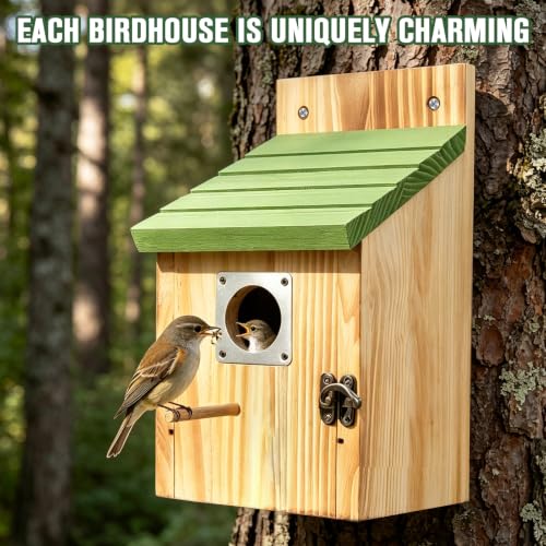 Bird Houses for Outside, 2 Pack Hanging Birdhouse for Outdoor | Wood Nest 1-1/2" Entrance, Metal Guards, Safety Locks, Flight Slots