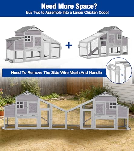 Mobile Chicken Coop with Run, Large Wooden Chicken House with Wheels, Duplex Hen House with Nesting Box, Slide-Out Tray, Waterproof Roof, Accommodates 2-4 Chickens - Grey - color: 73.4“L Light Grey