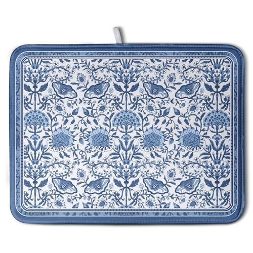 Blue Floral Dish Drying Mat for Kitchen Counter Boho Flowers Dishes Drainer Mats Rustic Farmhouse Microfiber Absorbent Dish Draining Spring Summer Reversible Dish Rack Pad Large 18x24 Inch - color: Blue Floral, size: 18" x 24"
