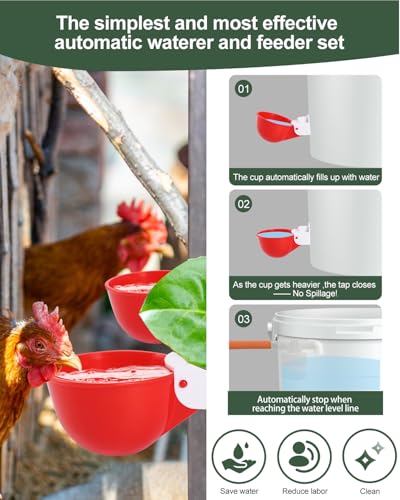 DIY Automatic Chicken Waterer Kit - 4 Chicken Water Cups, Float Valve, Drill Bit, 4 Hose Clamp, Teflon Tape - Universal for Poultry