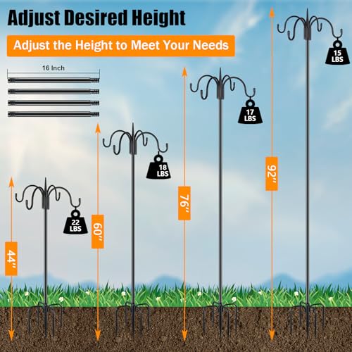 Heavy Duty Shepherds Hook 2 Pack 92" Four Hooks Adjustable (44/60/76/92") - Metal 5-Prong Base, 17lb Capacity - Easy Assembly Bird Feeder Pole for Hanging Planters, Lanterns, Wind Chimes - color: 2-Pack, size: 92" Quadruple Hook