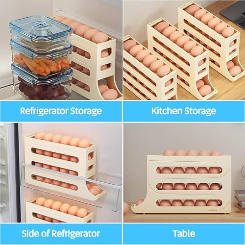 ZAYLAN Auto-Rolling Egg Holder for Fridge – 4-Tier Space-Saving Dispenser Holds 28 Eggs, Cream Organizer with FREE Flower Egg Cutter - color: CREAM