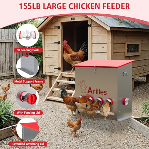 Automatic Chicken Feeder Box, 120lb Capacity, 10 No-Waste Ports, Metal Poultry Feeder with Covered Lid & Elevated Stand, Feed Dispenser for Chickens, Ducks & Backyard - size: 120 LB