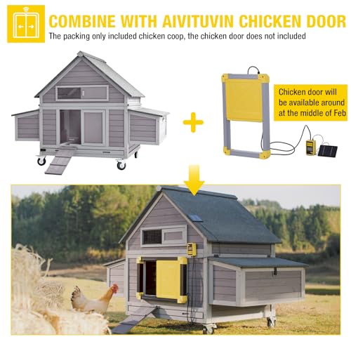 Aivituvin 63.7" Large Chicken Coop on Wheels – Movable Wooden Hen House for 3-6 Chickens with 2 Nesting Boxes, Removable Tray & Raised Design for Better Poultry Care - size: 67.3"L x 40.0"W x 49.8"H