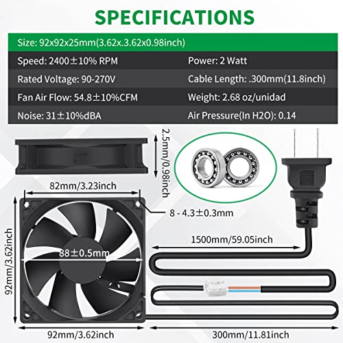 92mm Axial Fan, 110V-240V EC Cooling Fan for Cabinet | Dual Ball Bearing,ideal Ventilation Fan for Computer Case, DVR, AV receiver, PlayStation & Xbox Heat Dissipation - style: 92mm x 25mm