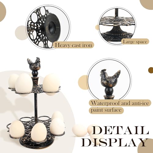 Cast Aluminum Fresh Egg Holder Countertop, Egg Holder Rack Tray for 12 Fresh Eggs, 2-Tier Egg Tray & Dispenser with Rooster Top Design, Egg Skelter for Kitchen (7.67" × 7.67" × 10.98")