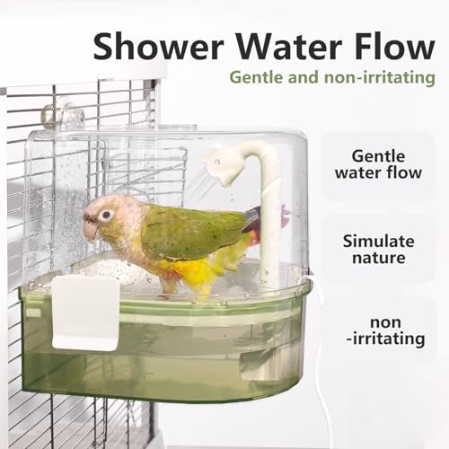 Automatic Bird Baths for Cage – Indoor Parakeet Bath with Pump, Bird Shower with 2 Modes Running Water, Bird Cage Accessory for Pet Birds Conure Budgies Cockatiels Lovebird(Green) | Quiet auto pump with 4-layer filter & 4 refills Easy-clean clear tank on/