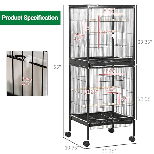 Parrot Cage, 55 Inch, 2 in 1, Cockatiel Cage, Parakeet Cage, Bird Cage with Stackable Metal Design, Slide-Out Tray & Wooden Perches, Indoor Birdcage for Canary, Lovebird, Budgie - size: 52.5*50*143cm