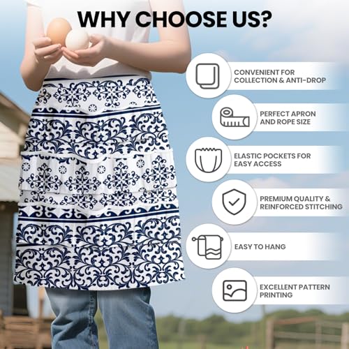 CUTHOLLOW Egg Collecting Apron for Adlut, Housewife, 18 Deep Pockets Hen Egg Gathering Holding Apron with Elastic Closures - style: Vintage Blue and White Classic Pattern