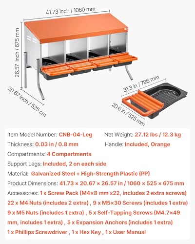 VEVOR Chicken Nesting Boxes, 4 Compartments, with Support Legs, Easy Egg Collection, Galvanized Steel and High-Strength Plastic, Roll Away Nesting Boxes for Chickens and Hens Laying Eggs, Orange - size: 41.7"L x 20.7"W x 26.6"H