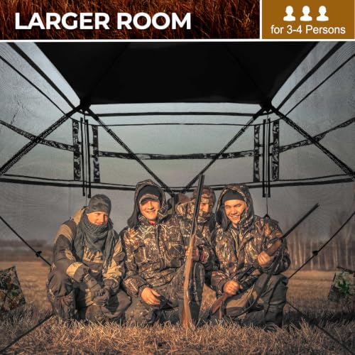 Portable Hunting Blind - 270°/360°See Through with Waterproof Floor Mat | Detachable Ground Mat, Silent Adjustable Windows, Pop Up Ground Blind for 2-4 Person, Camouflage Shelter for Turkey Deer - size: 3-4 Person（360° See Through）