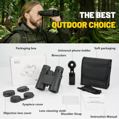 8x32 Binoculars for Adults High Powered with Phone Adapter | Large View Binoculars with Clear Low Light Vision BAK4 Prism FMC Lens Compact Binocular for Bird Watching Cruise Travel