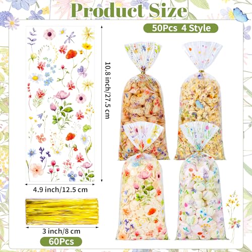 QOIUSO 50 PCS Wildflower Party Cellophane Treat Bags - 4.9 x 10.8 Inch Plastic Floral Party Favor Bags with Twist Ties - Clear Candy & Cookie Gift Bags for Baby Shower, Bridal, Wedding, Birthday - color: Wildflower-50pcs