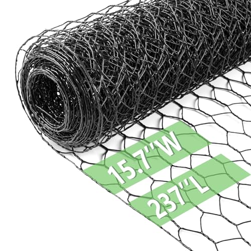 Chicken Wire 15.7 in x 237 in Poultry Wire Netting Hexagonal Galvanized Mesh Garden Fence Barrier for Pet Rabbit Chicken Fencing(PVC-Coated) - color: Black, size: 15.7"x237"+0Ties