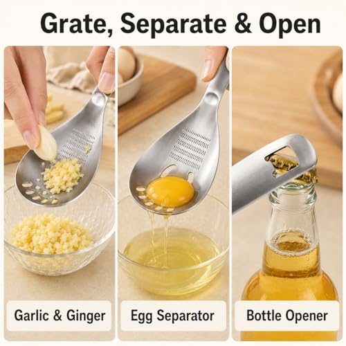 5-in-1 Multifunctional Spoon, Egg Separator, 304 Stainless Steel | 5-in-1 cooking spoon; 304 stainless steel; egg separator, masher, grater and slotted strainer; dishwasher safe