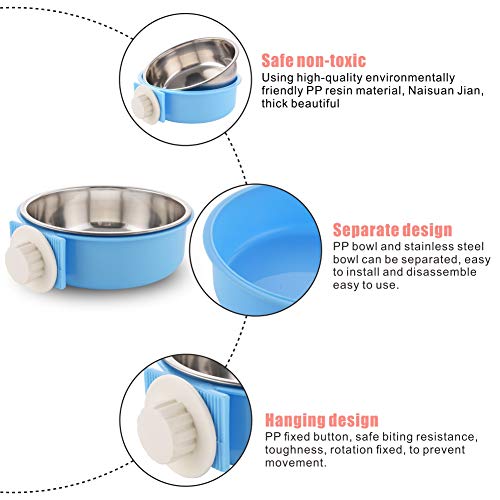 Crate Dog Bowl Removable Stainless Steel Water Food Feeder Bowls Cage Coop Cup for Cat Puppy Bird Pets (Large, Blue) - color: Blue, size: Large