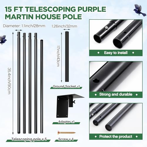 Yaocom 12 Room Purple Martin House with Pole, Heavy Duty 5 Section 15 ft Telescoping Pole with Ground Socket & Adapter, Easy to Clean Design, White Green Wooden Martin Bird House for Outdoor Nesting