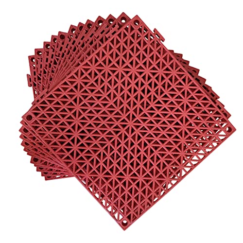12 Pack Modular Interlocking Cushion 11.6" x 11.6" Rubber Mat Floor Tile Mats Drain Pool Patio Balcony Yard Pet Area Washer Pad(Red) - size: red