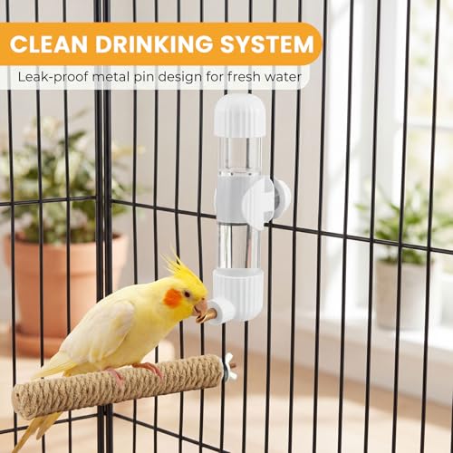 9.4 Fl Oz Bird Water Dispenser, No Mess Spring Valve Water Bottle with Parrot Bite Perch, Flexible Installation, for Small Birds Budgies, Cockatiels, Canaries, Lovebirds