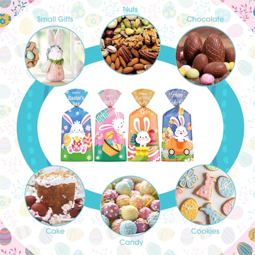 Litmitfu 100 Pcs Happy Easter Treat Bags - Cute Bunny Cellophane Goodie Bags, Plastic Happy Easters Day Cello Candy Goody Gift Bag with Twist Ties for Spring Easter Party Favor Supplies, 4 Styles - color: Easter