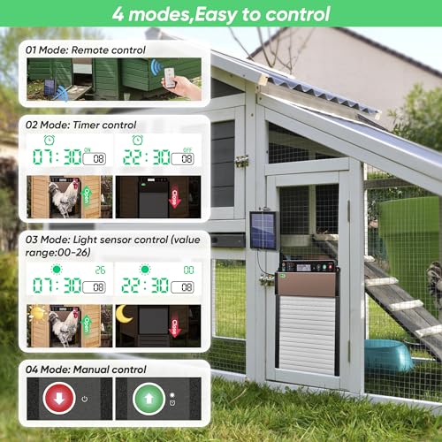 Automatic Chicken Coop Door Solar Powered, Anti-Trap Chicken Door with LCD Screen, Light Sensor, Timer, Remote Control, Anti-Pinch Design,for Chicken, Duck, Goose Farms