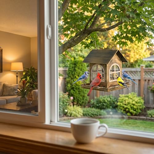 Metal Hummingbird Feeder with Glass Windows and Gold Perches, Vintage Cottage Style, Outdoor Hanging for Garden Patio Backyard, Bird Watching Decor, Metal Construction